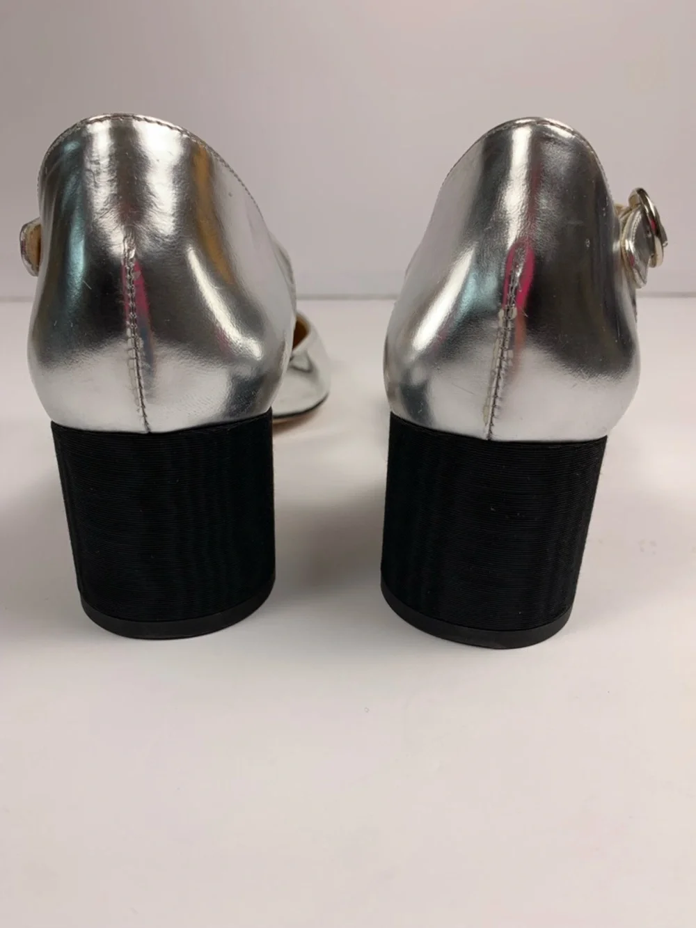 J.Crew Maisie Silver Leather Mary Jane Block Heels Black Cap Toe 9.5